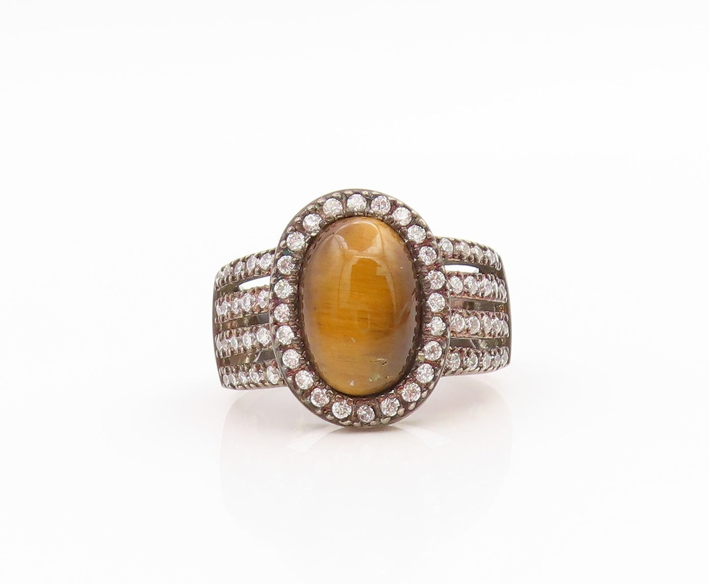 925 Sterling Silver Vintage Ring Classic Tiger's Eye Halo CZ Band  Sz 7  RG35969
