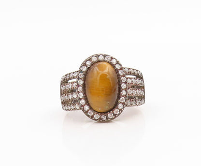 925 Sterling Silver Vintage Ring Classic Tiger's Eye Halo CZ Band  Sz 7  RG35969