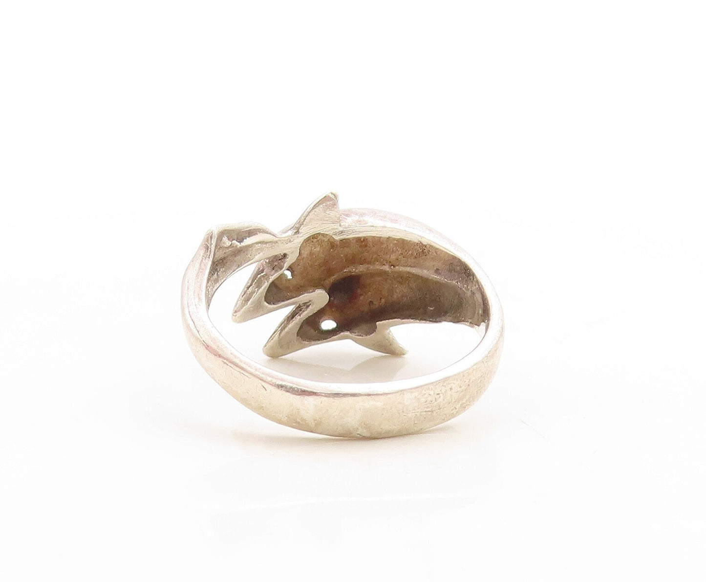 925 Sterling Silver Vintage Ring Solid Carved Diving Dolphins  Sz 8  RG31252