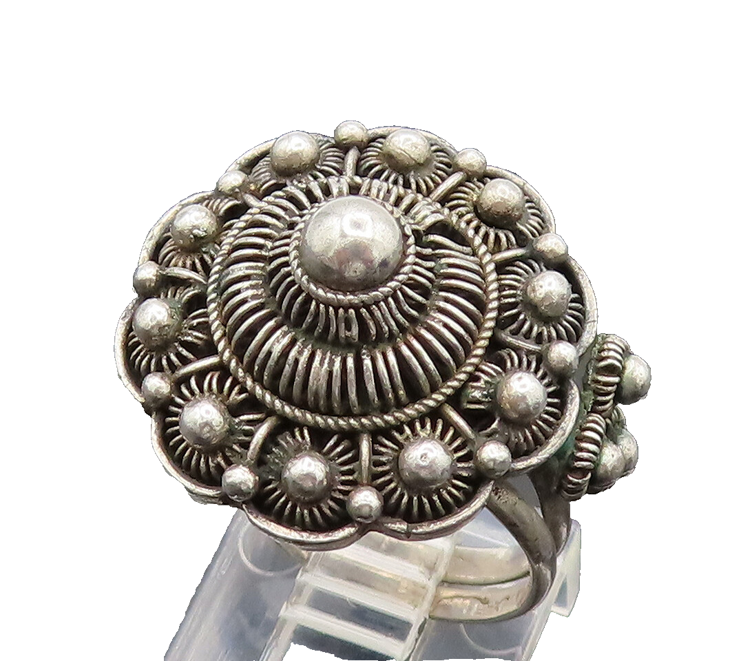 925 Sterling Silver Vintage Beaded & Wire Flower Adjustable Ring Sz 6.5  RG26269