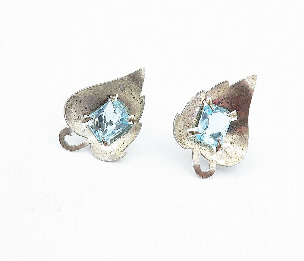 925 Sterling Silver  Vintage Blue Topaz Floral Leaf Non Pierce Earrings EG2857