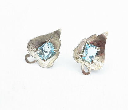925 Sterling Silver  Vintage Blue Topaz Floral Leaf Non Pierce Earrings EG2857