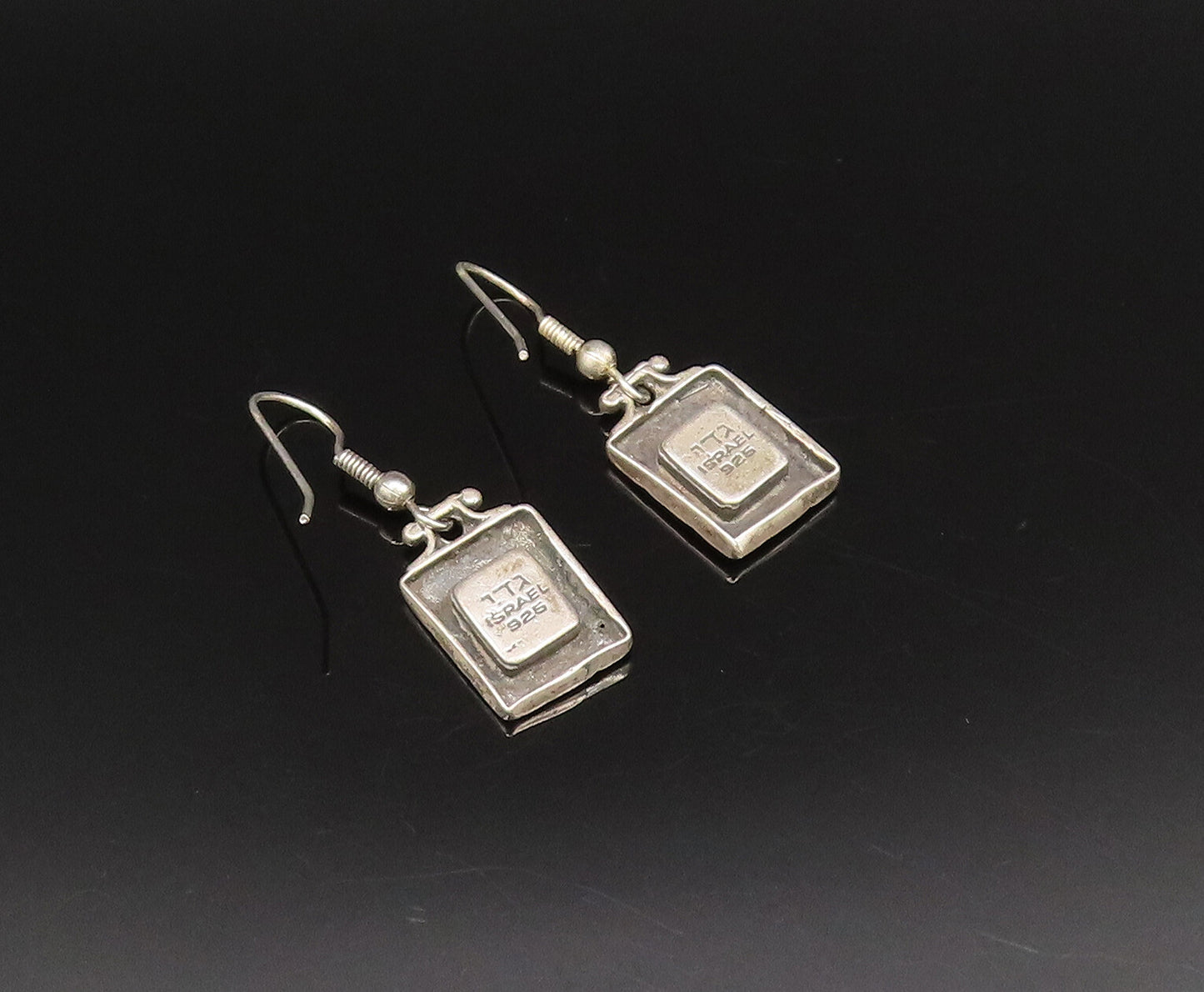 ISRAEL 925 Silver  Vintage Engraved Pattern Square Hematite Earrings  EG12097