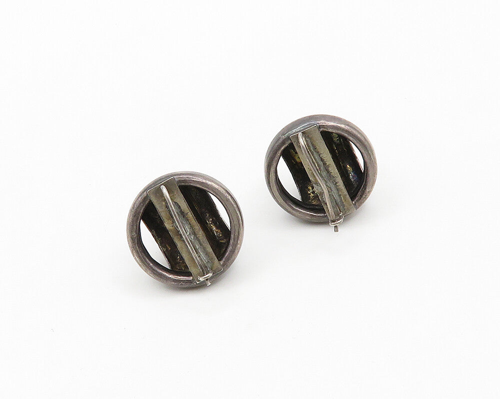 925 Sterling Silver  Vintage Dark Tone Fluted Dome Round Drop Earrings  EG9660