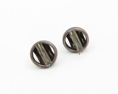 925 Sterling Silver  Vintage Dark Tone Fluted Dome Round Drop Earrings  EG9660