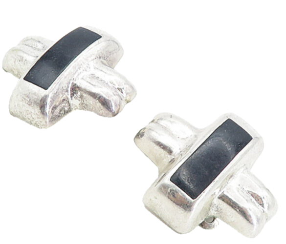 MEXICO 925 Silver  Vintage Black Onyx Crossed Non Pierce Earrings  EG4175