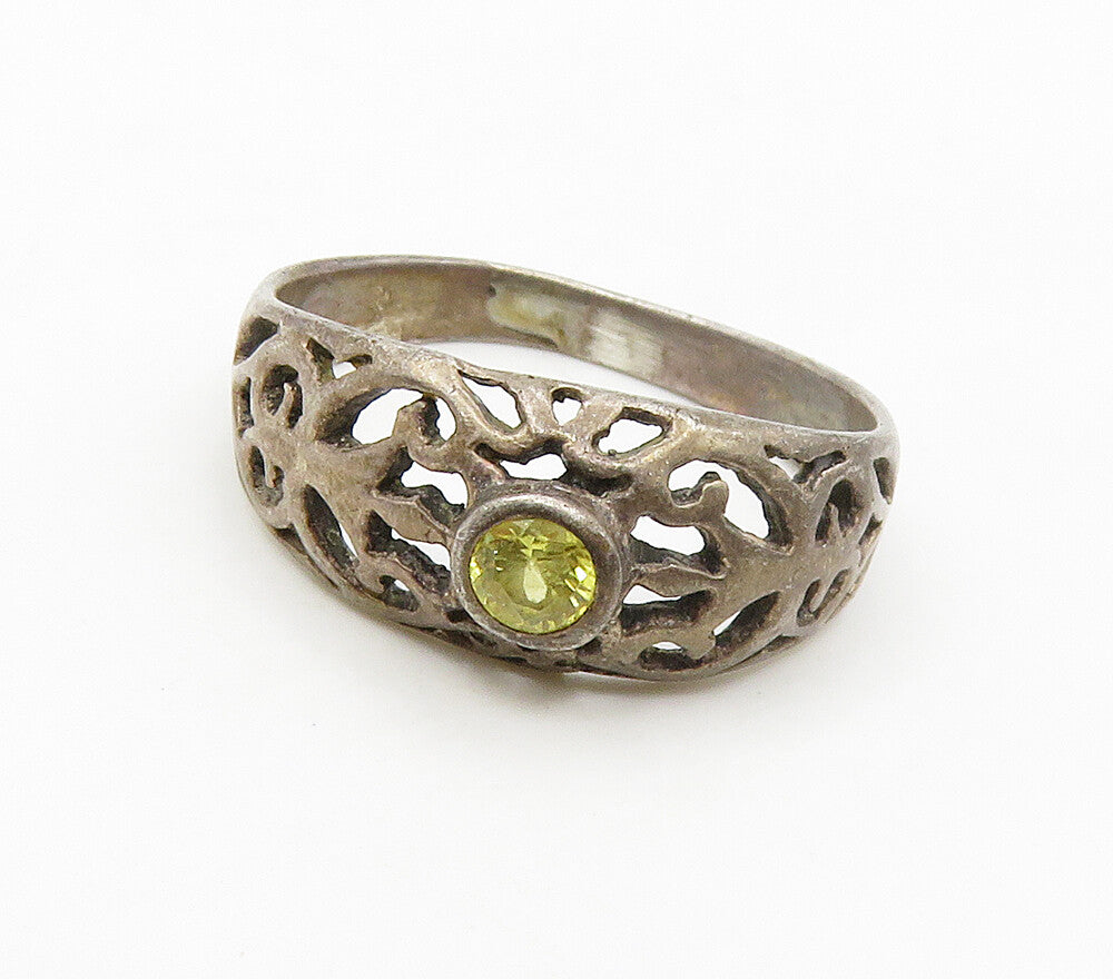 925 Sterling Silver  Vintage Yellow Topaz Cutout Dome Band Ring Sz 4.5 RG16386