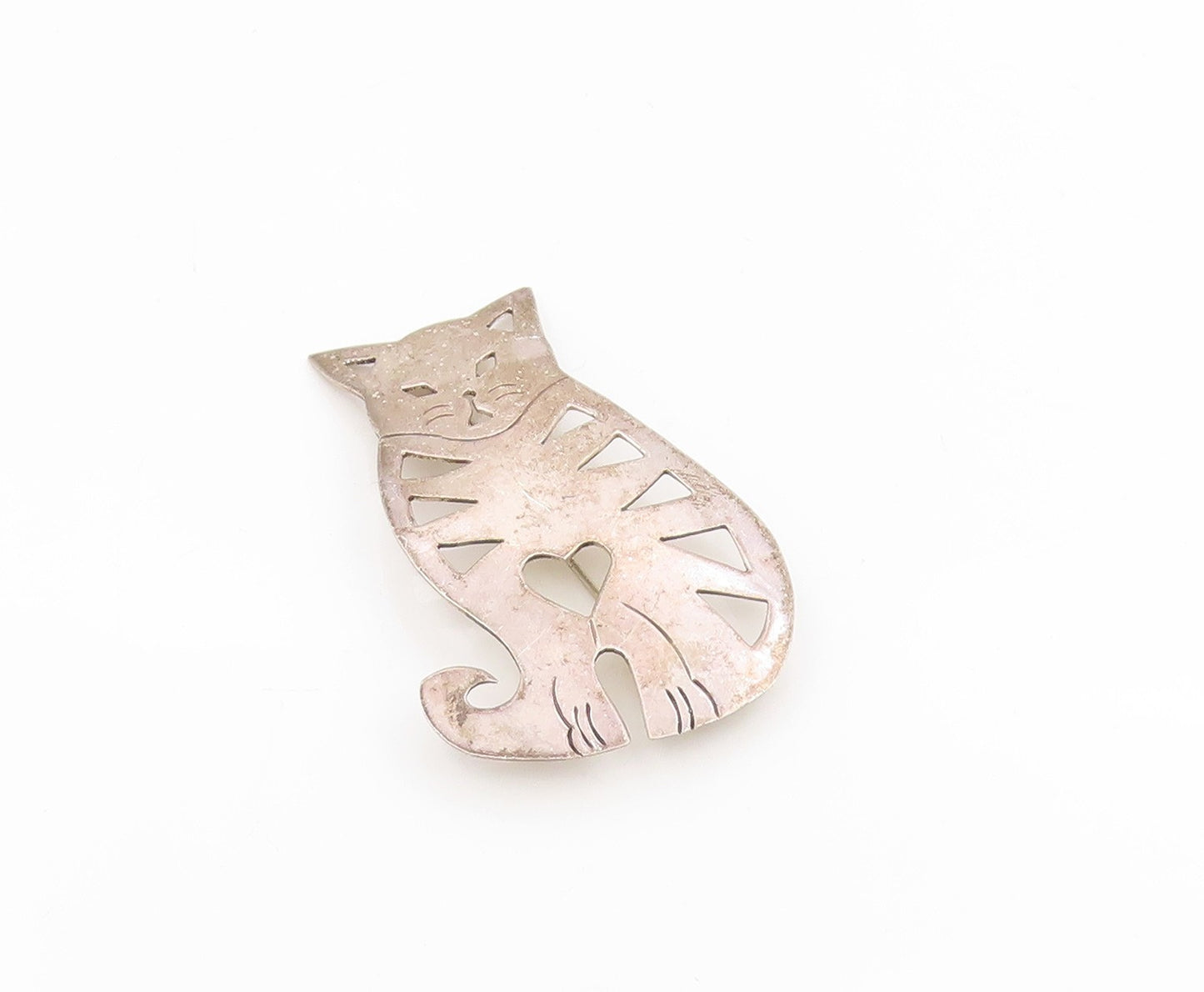 925 Sterling Silver Vintage Brooch MEXICO Love Heart Cutout Kitten Pin  BP12132