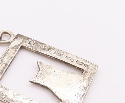 925 Sterling Silver Vintage Pendant MEXICO Framed Cat With Heart  PT23356
