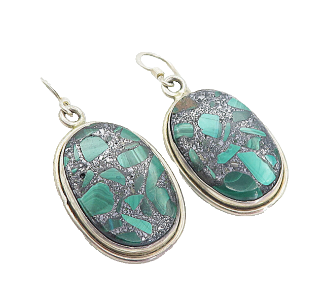 925 Sterling Silver  Vintage Malachite With Hematite Dangle Earrings  EG3191
