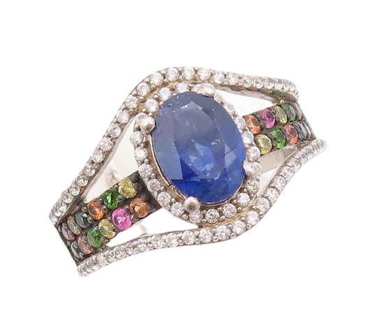 925 Sterling Silver Vintage Ring Oval Sapphire Multi Color CZ Band Sz 7  RG30741