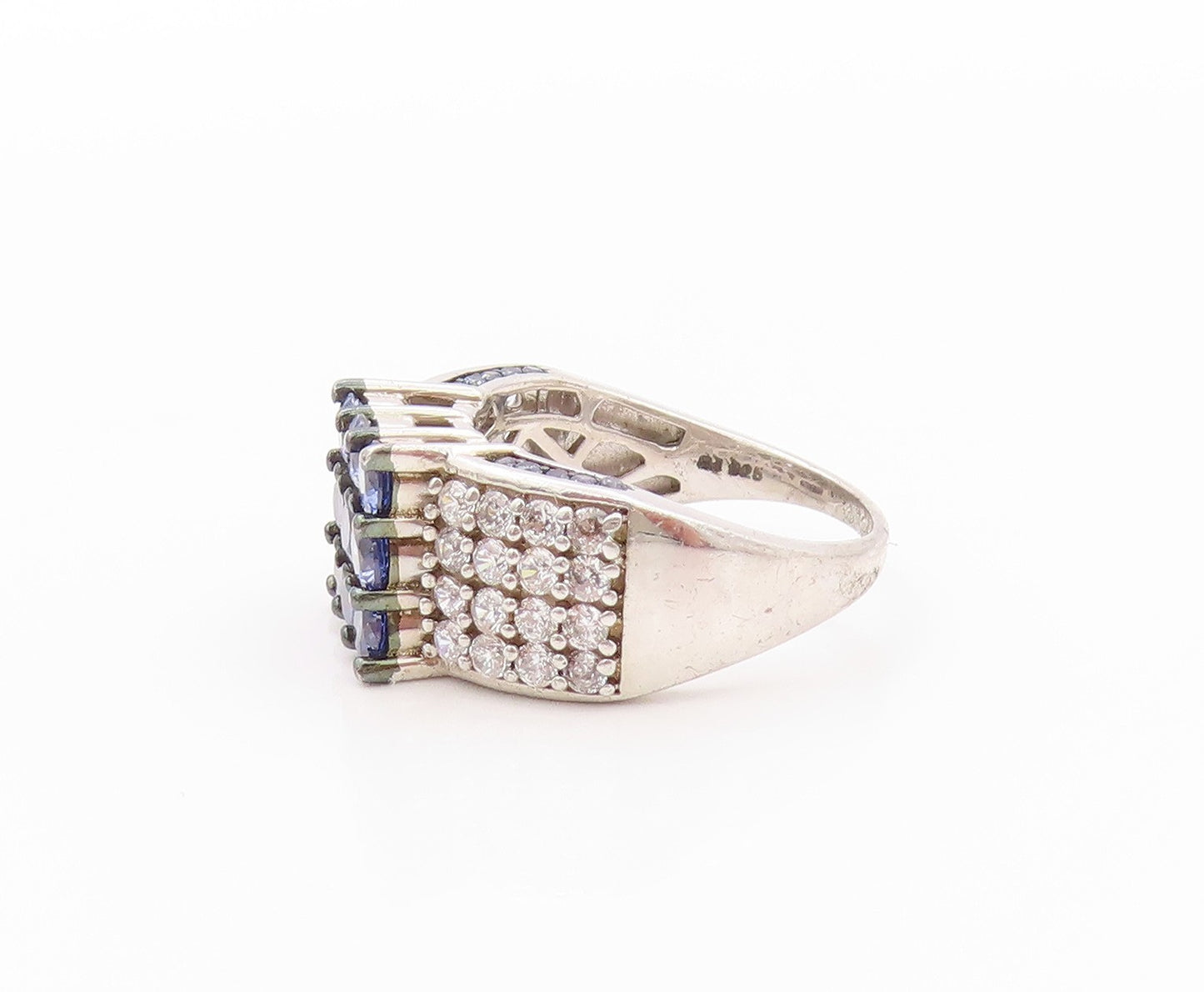 925 Sterling Silver Vintage Ring Modernist Blue & White CZ Inlay  Sz 8  RG32640