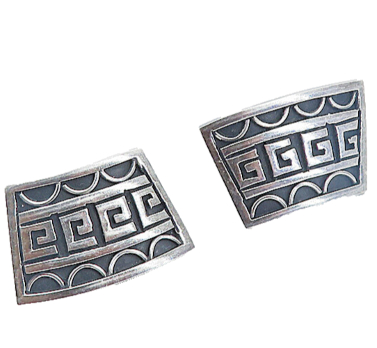 MEXICO 925 Silver  Vintage Shiny Oxidized Pattern Non Pierce Earrings  EG3104