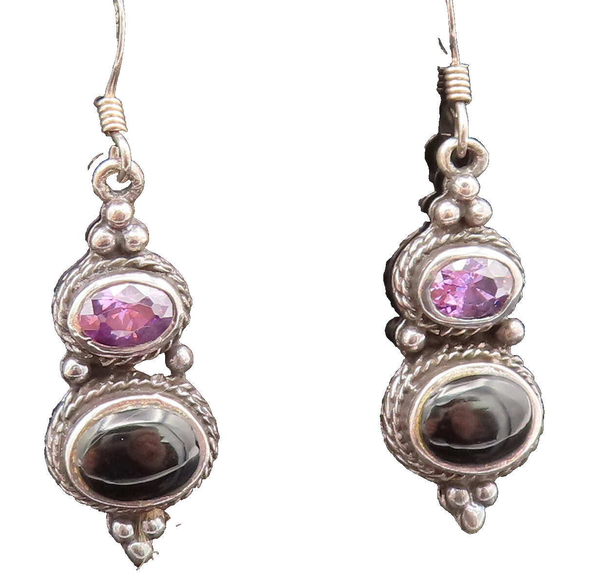 925 Silver  Vintage Twisted Rope Edge Amethyst & Black Onyx Earrings  EG12378