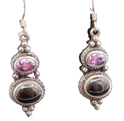 925 Silver  Vintage Twisted Rope Edge Amethyst & Black Onyx Earrings  EG12378