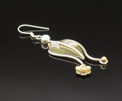 925 Silver  Vintage Two Tone Floral Leaf Stem Fire Opal Earrings  EG11746