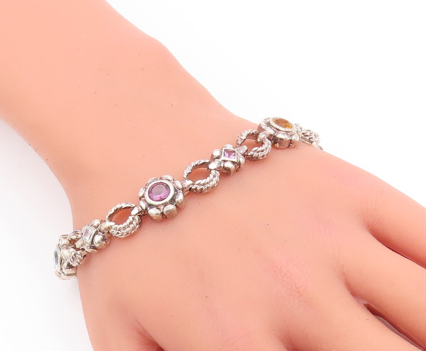 925 Sterling Silver Vintage Bracelet Amethyst Flowers & Ring Linked  BT10591