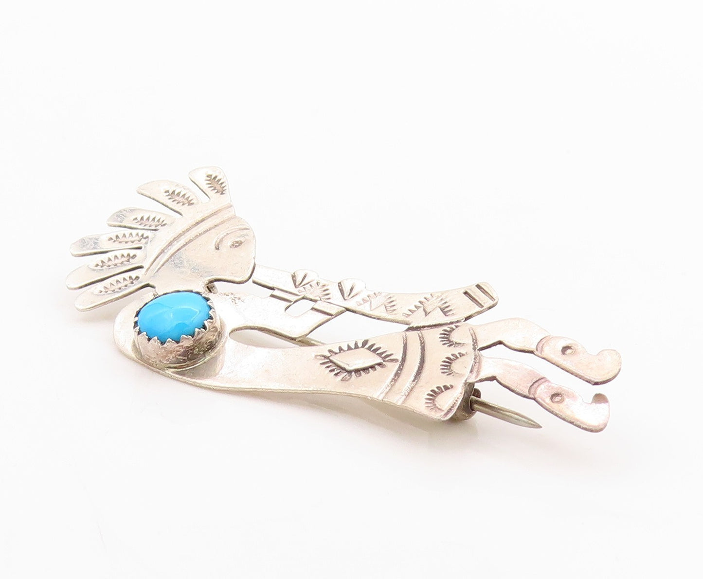 925 Sterling Silver Vintage Brooch Navajo Turquoise Etched Kokopeli  BP11755