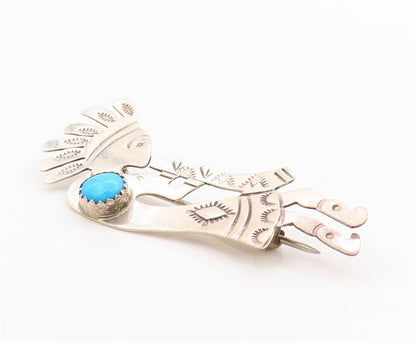 925 Sterling Silver Vintage Brooch Navajo Turquoise Etched Kokopeli  BP11755
