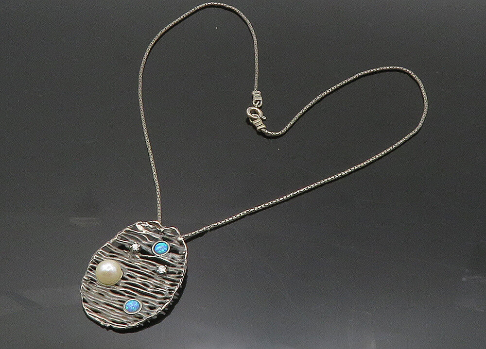 925 Silver  Vintage Pearl Fire Opal & Topaz Modernist Chain Necklace  NE3300