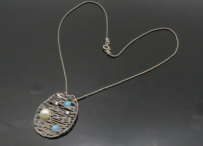 925 Silver  Vintage Pearl Fire Opal & Topaz Modernist Chain Necklace  NE3300