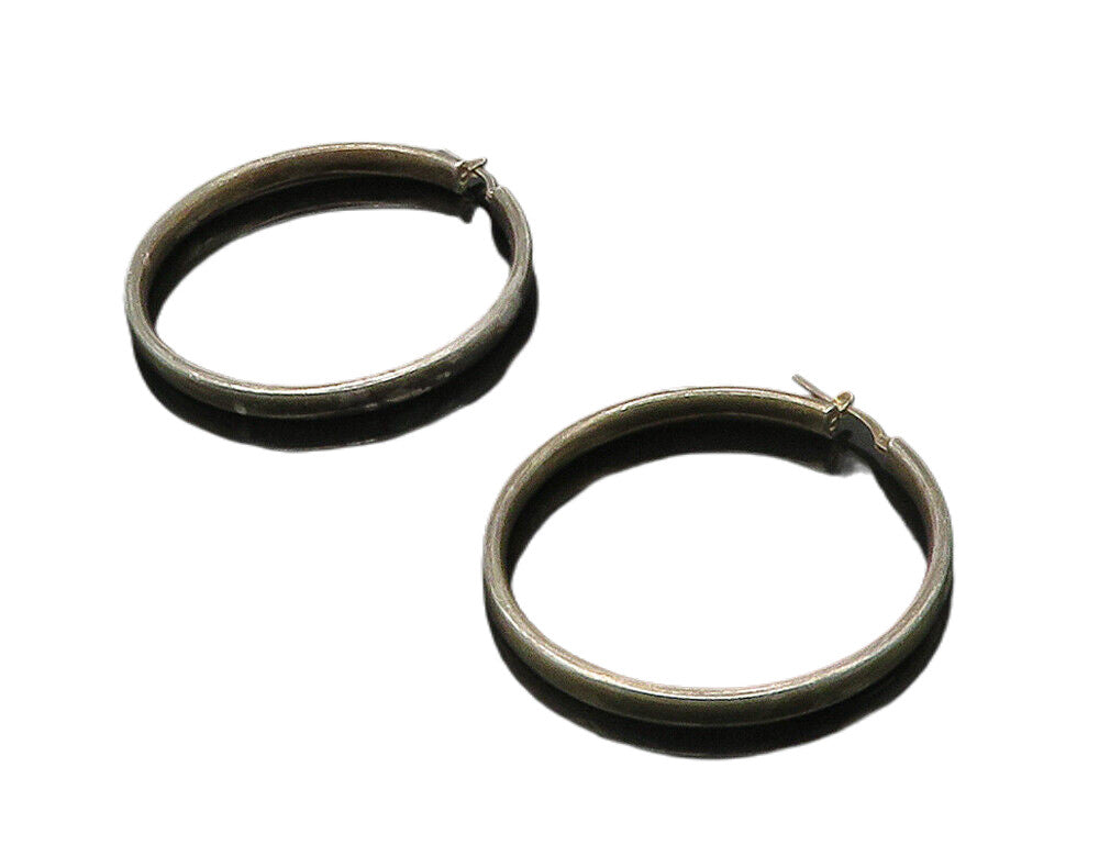 925 Sterling Silver  Vintage Dark Tone Smooth Round Hoop Earrings  EG7814