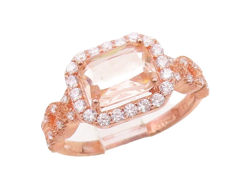 925 Sterling Silver Vintage Ring Rose Gold Plated Morganite & CZ  Sz 7.5 RG30591
