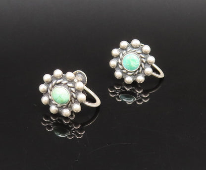 925 Silver  Vintage Green Turquoise Beaded Flower Screw Back Earrings  EG12277