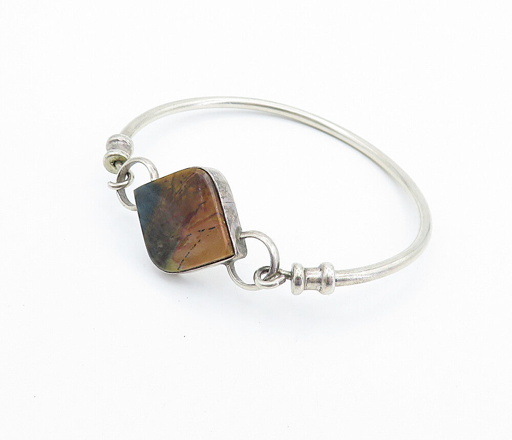 925 Sterling Silver  Vintage Brown Jasper Round Hook Bangle Bracelet  BT3168