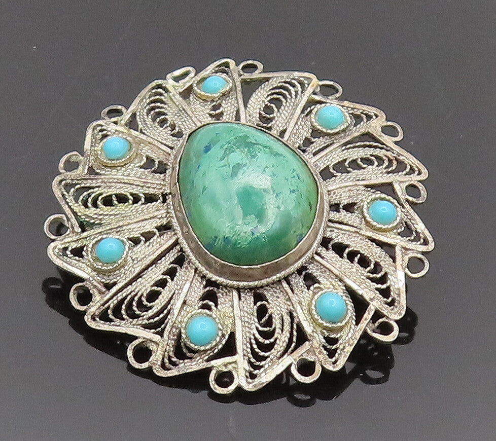 ISRAEL 925 Silver  Vintage Antique Filigree Turquoise Brooch Pin  BP10308