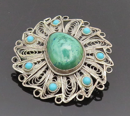 ISRAEL 925 Silver  Vintage Antique Filigree Turquoise Brooch Pin  BP10308