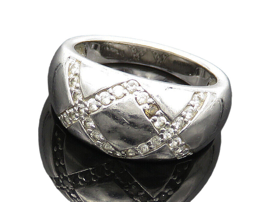 925 Sterling Silver  Shiny White Topaz X Detail Tapered Band Ring Sz 7 RG17104