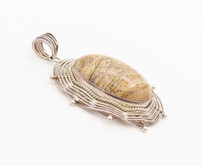 925 Silver  Vintage Bali Large Brown Jasper Halo Spiderweb Pendant  PT22272