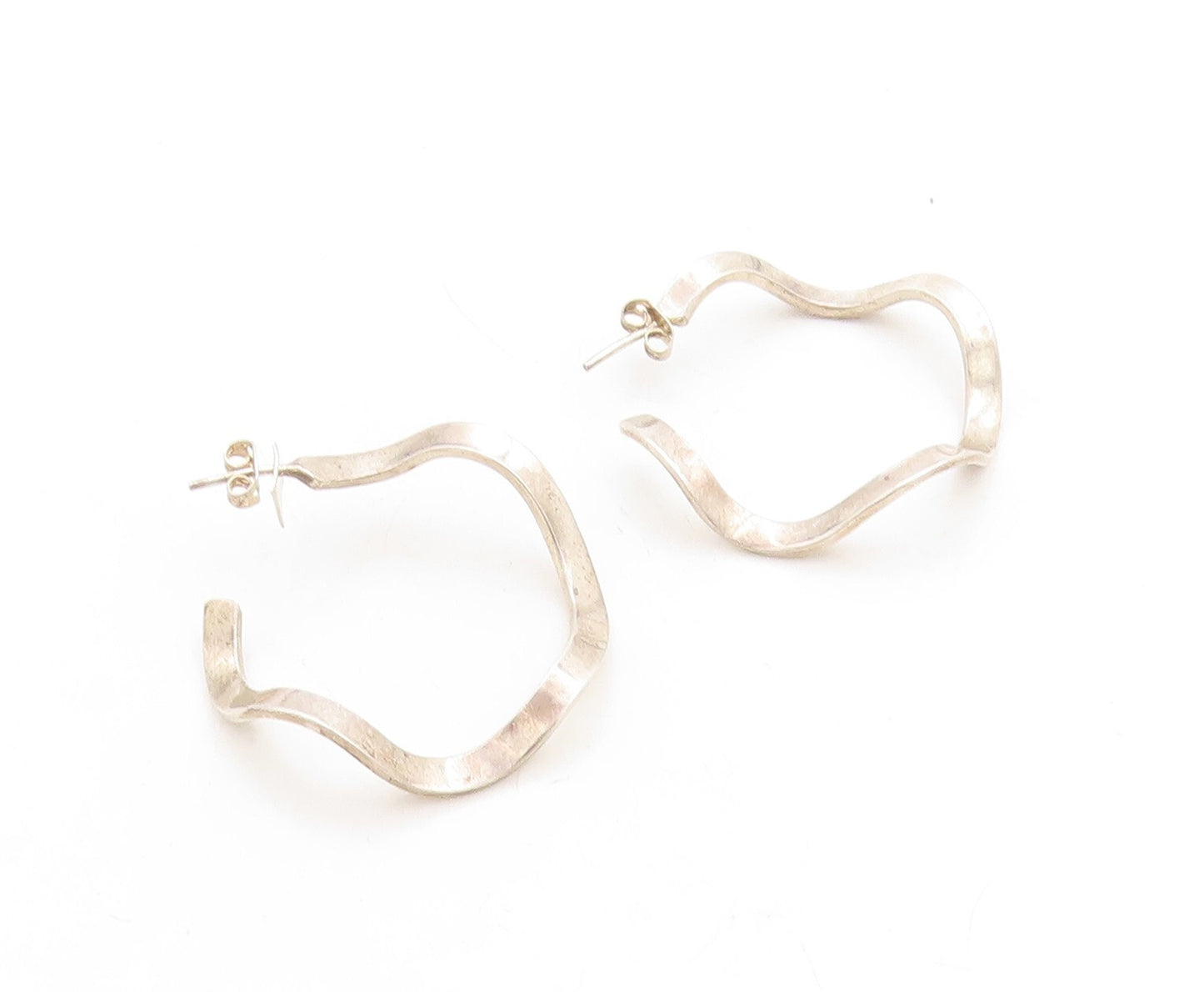 925 Sterling Silver Vintage Earrings Brutalist Wave Design Cutout Hoops  EG13304