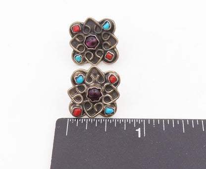 925 Sterling Silver Vintage Earrings MEXICO Multi Gemstone Floral Stud  EG14092