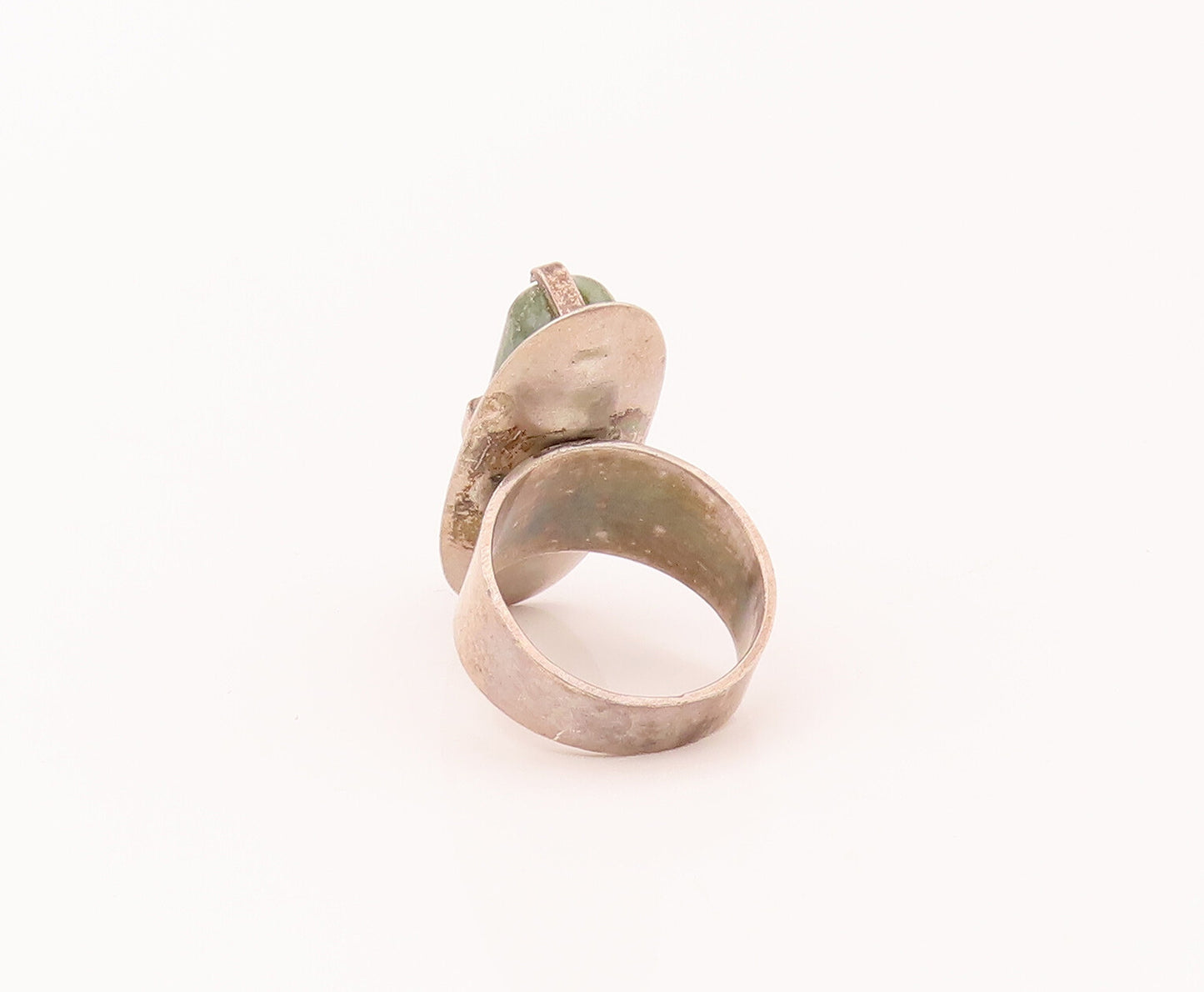 EUROPE 925 Silver  Vintage Green Tourmaline Disk Clamped Ring Sz 5.5 RG26589