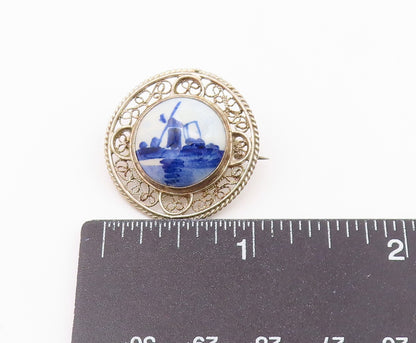 925 Sterling Silver  Vintage Enamel Windmill Scene Swirl Brooch Pin  BP8942