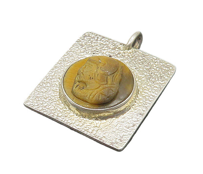 925 Sterling Silver  Vintage Face Carved Tiger's Eye Hammered Pendant  PT13415