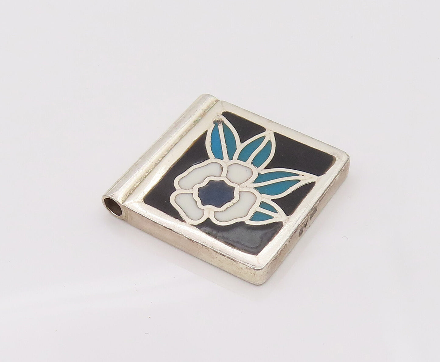 EUROPE 925 Sterling Silver  Vintage Square Flower Leaf Enamel Pendant PT22123