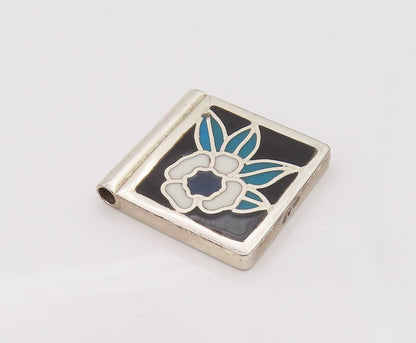 EUROPE 925 Sterling Silver  Vintage Square Flower Leaf Enamel Pendant PT22123
