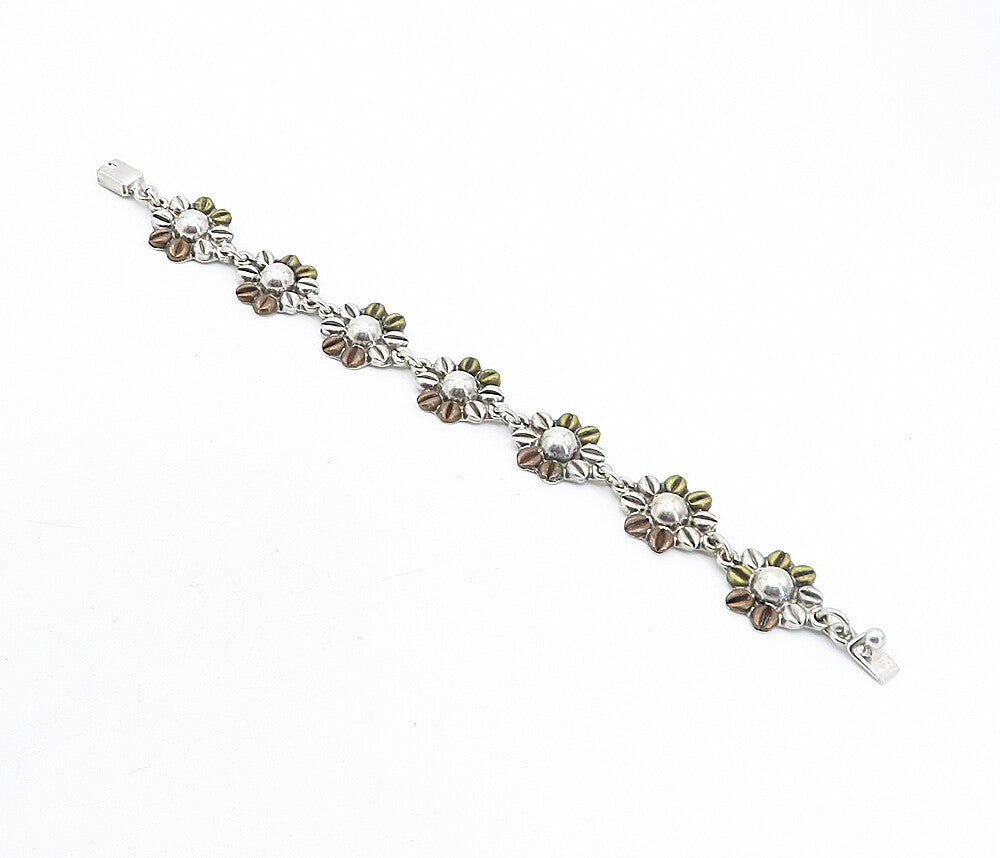MEXICO 925 Sterling Silver  Vintage 2 Tone Flower Link Chain Bracelet  BT1895
