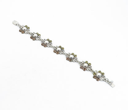 MEXICO 925 Sterling Silver  Vintage 2 Tone Flower Link Chain Bracelet  BT1895