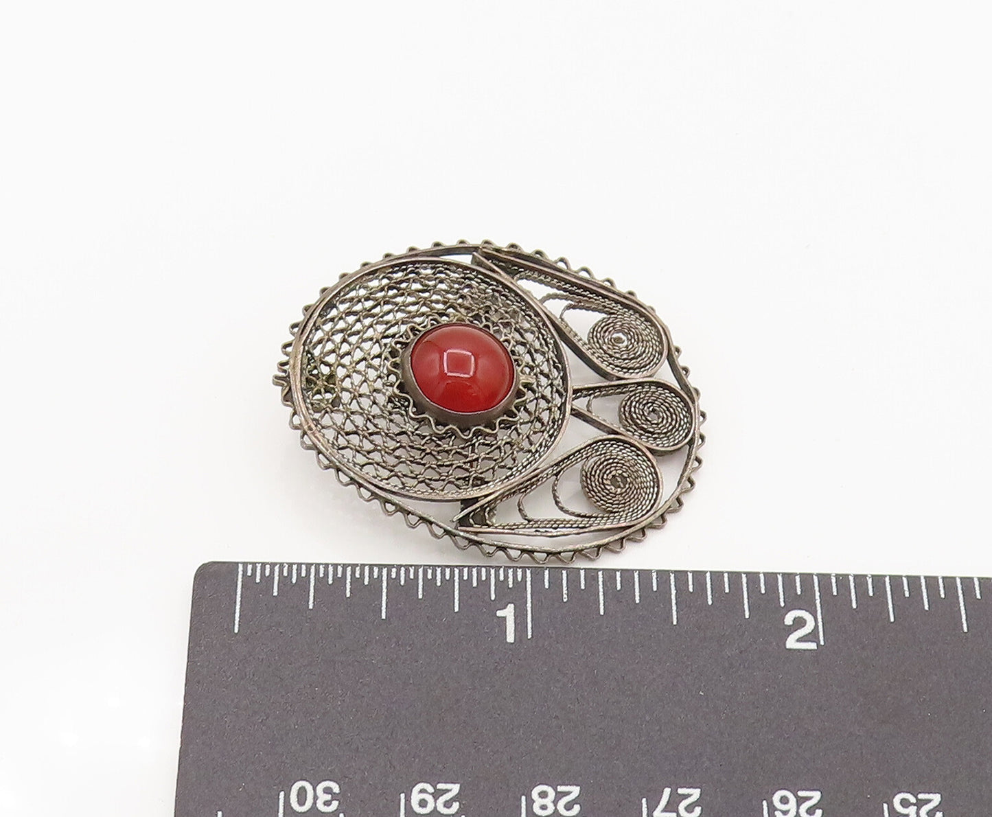 ISRAEL 925 Silver  Vintage Star Web & Rope Spiral Carnelian Brooch Pin BP10188