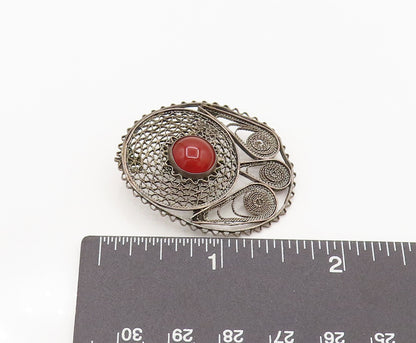 ISRAEL 925 Silver  Vintage Star Web & Rope Spiral Carnelian Brooch Pin BP10188