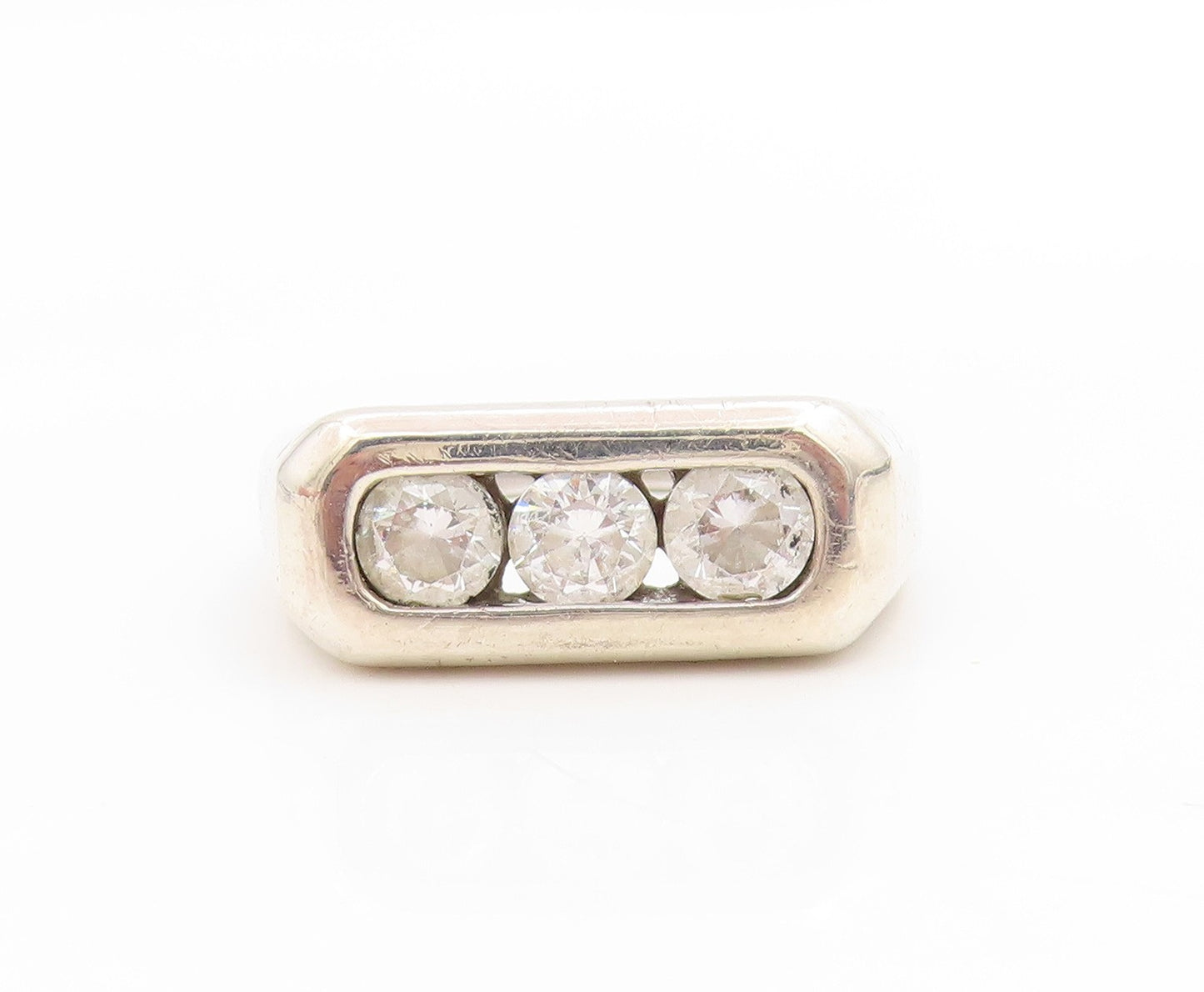 925 Sterling Silver Vintage Ring Three Stone CZ Inset Signet  Sz 10  RG34144