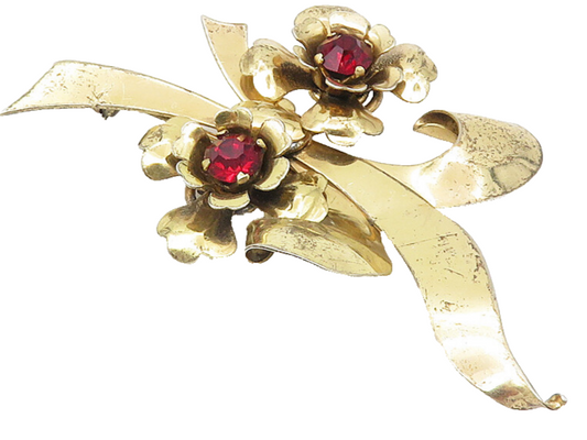 IH 925 Silver  Vintage Red Topaz Shiny Gold Plated Flowers Brooch Pin  BP4291