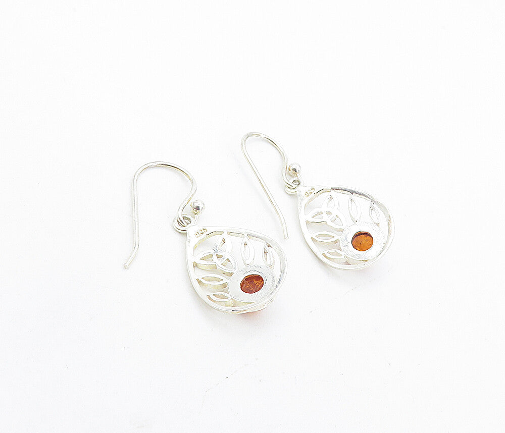 925 Sterling Silver  Cabochon Cut Amber Celtic Knot Dangle Earrings  EG3668