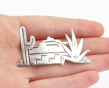 MEXICO 925 Sterling Silver  Vintage Cactus Desert Scene Brooch Pin  BP2629