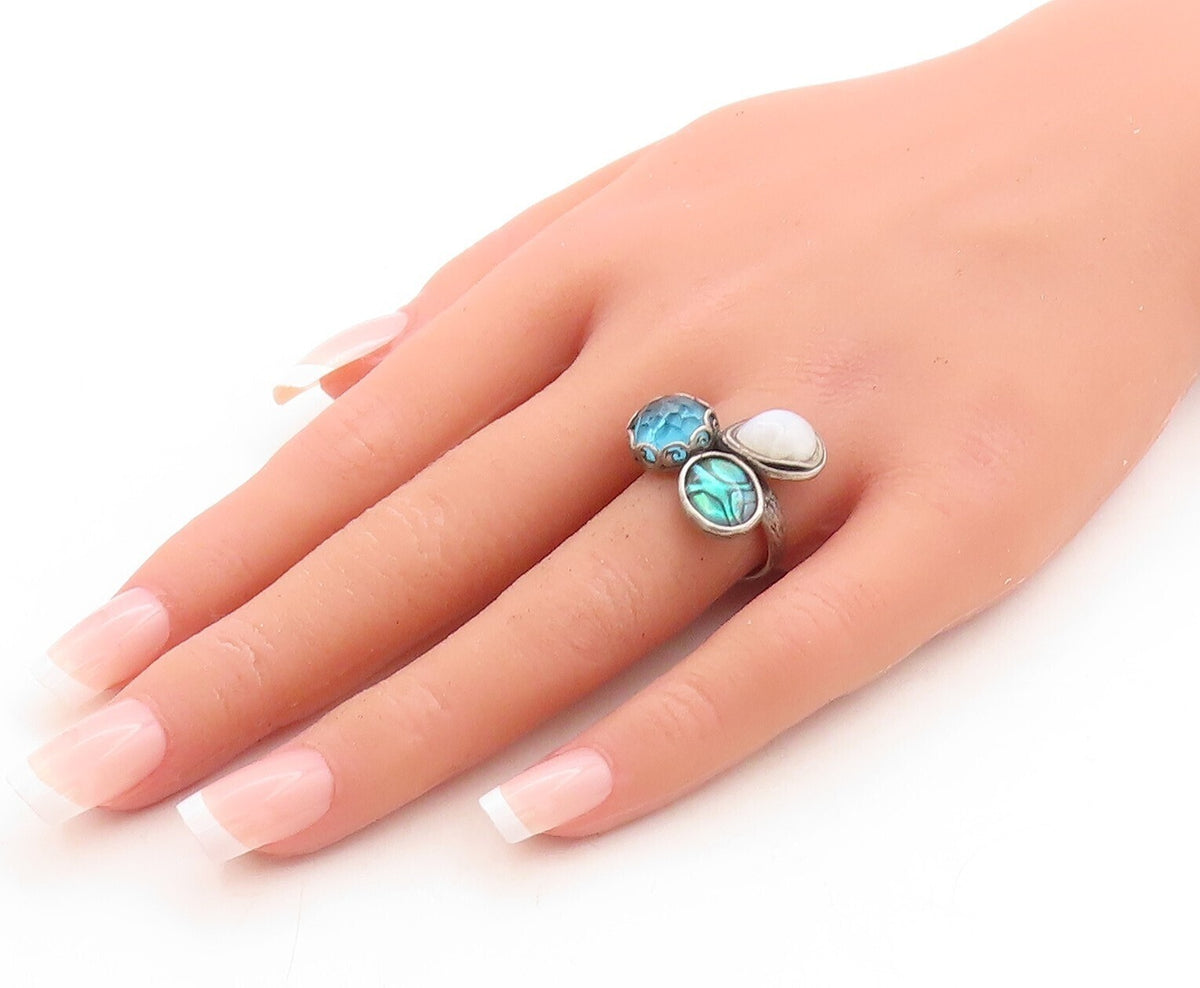 925 Sterling Silver Vintage Ring OR PAZ ISRAEL Moonstone Abalone Sz 7.5  RG31517