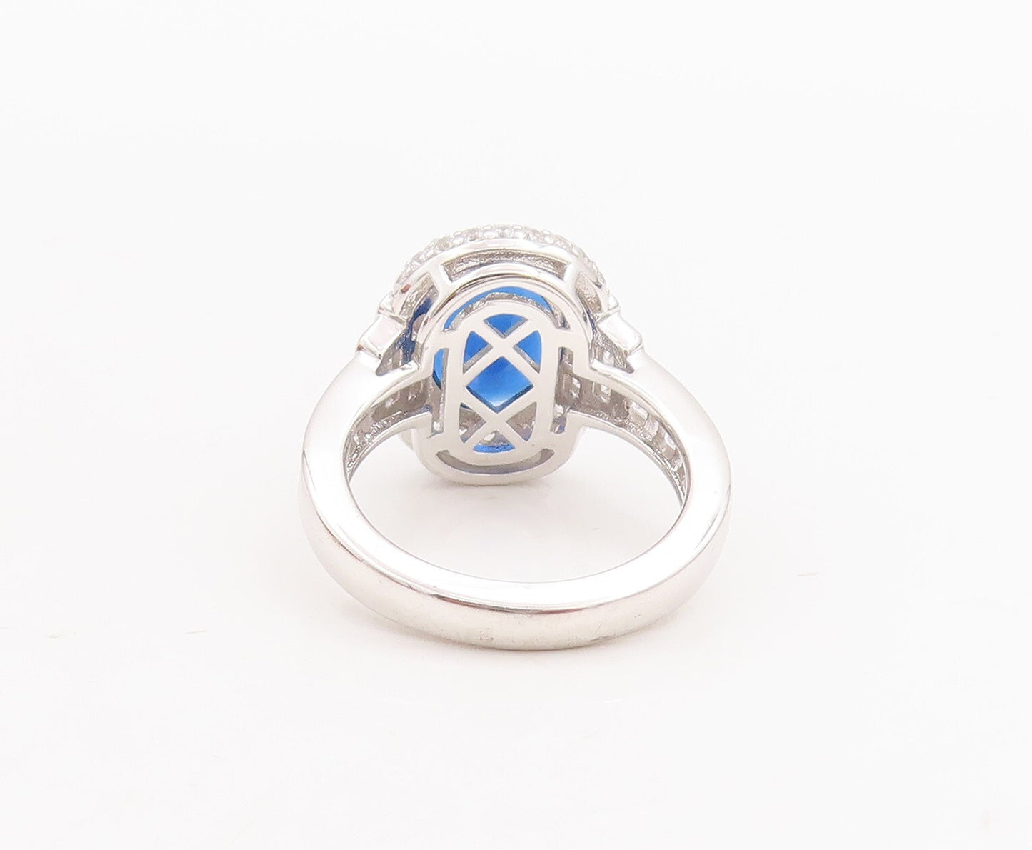 925 Sterling Silver Vintage Ring Designer Oval Sapphire Halo CZ  Sz 7  RG29028